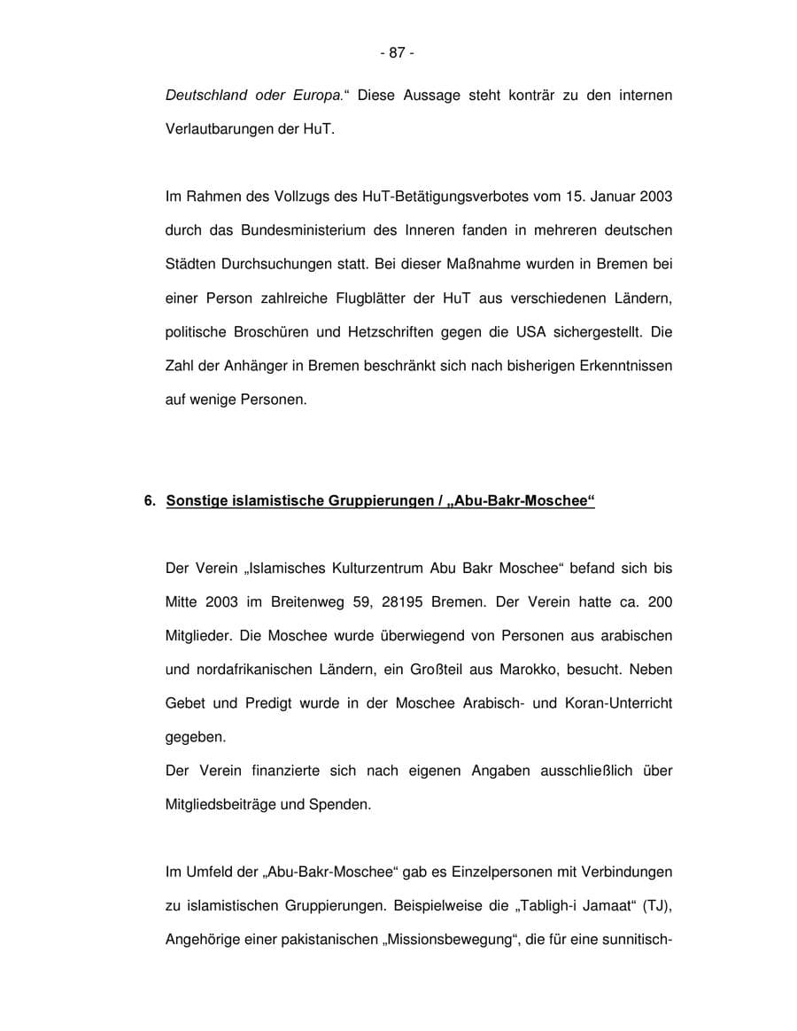 Seite 87 des Verfassungsschutzbericht 2003 Bremen
