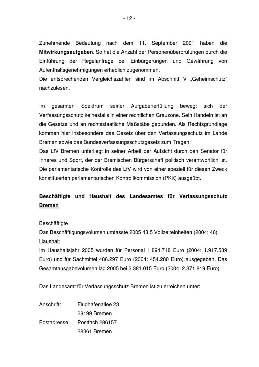 Seite 12 des Verfassungsschutzbericht 2005 Bremen