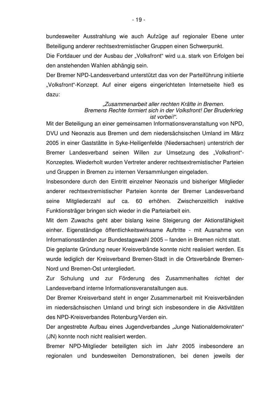 Seite 19 des Verfassungsschutzbericht 2005 Bremen
