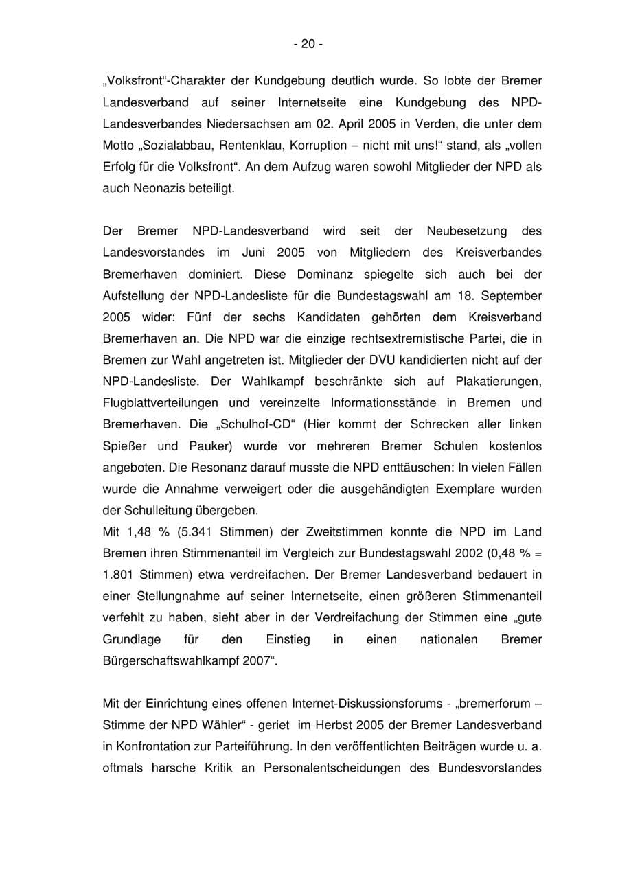 Seite 20 des Verfassungsschutzbericht 2005 Bremen