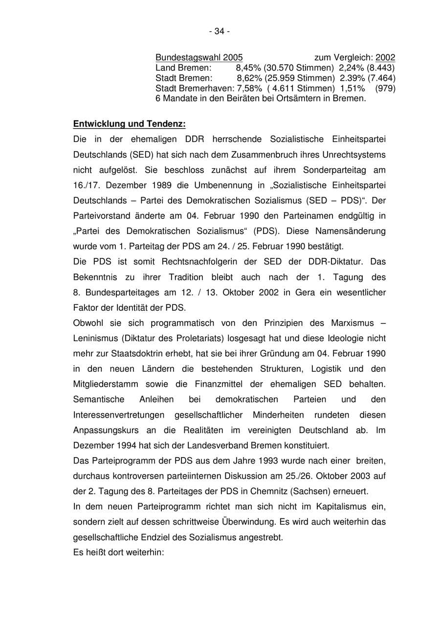 Seite 34 des Verfassungsschutzbericht 2005 Bremen
