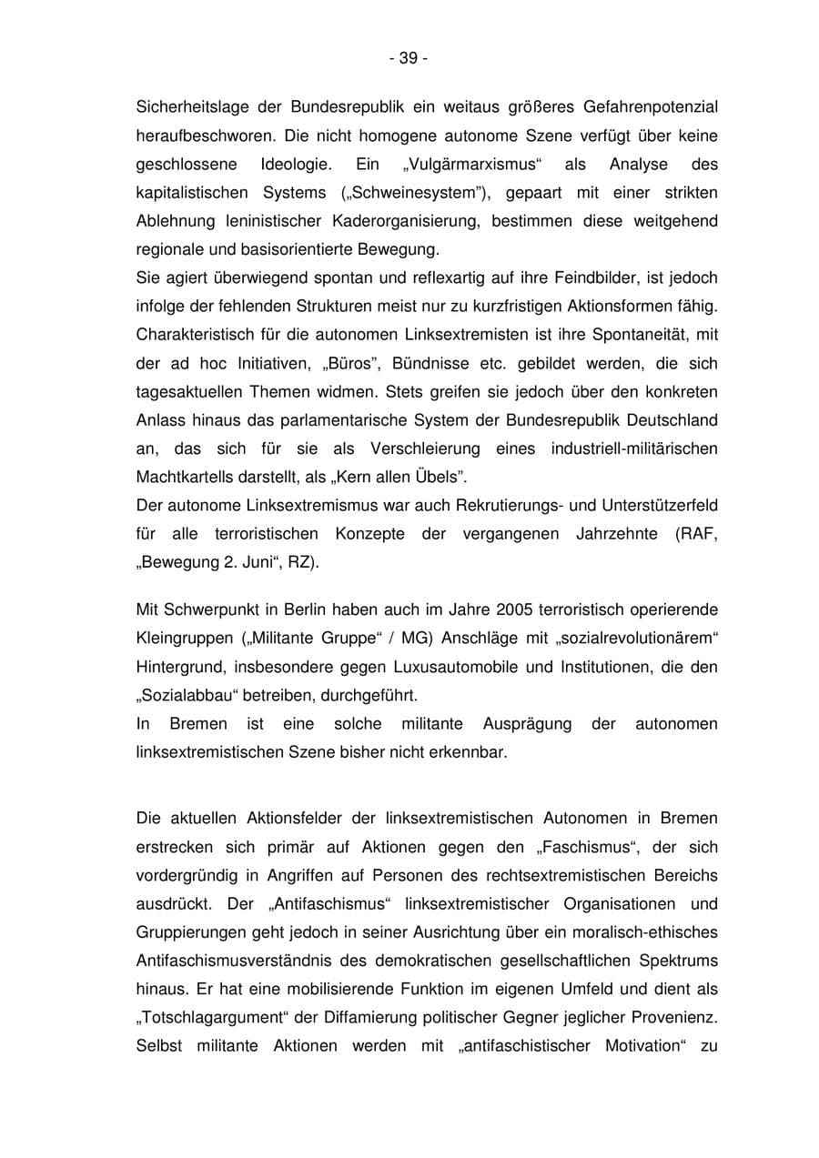 Seite 39 des Verfassungsschutzbericht 2005 Bremen