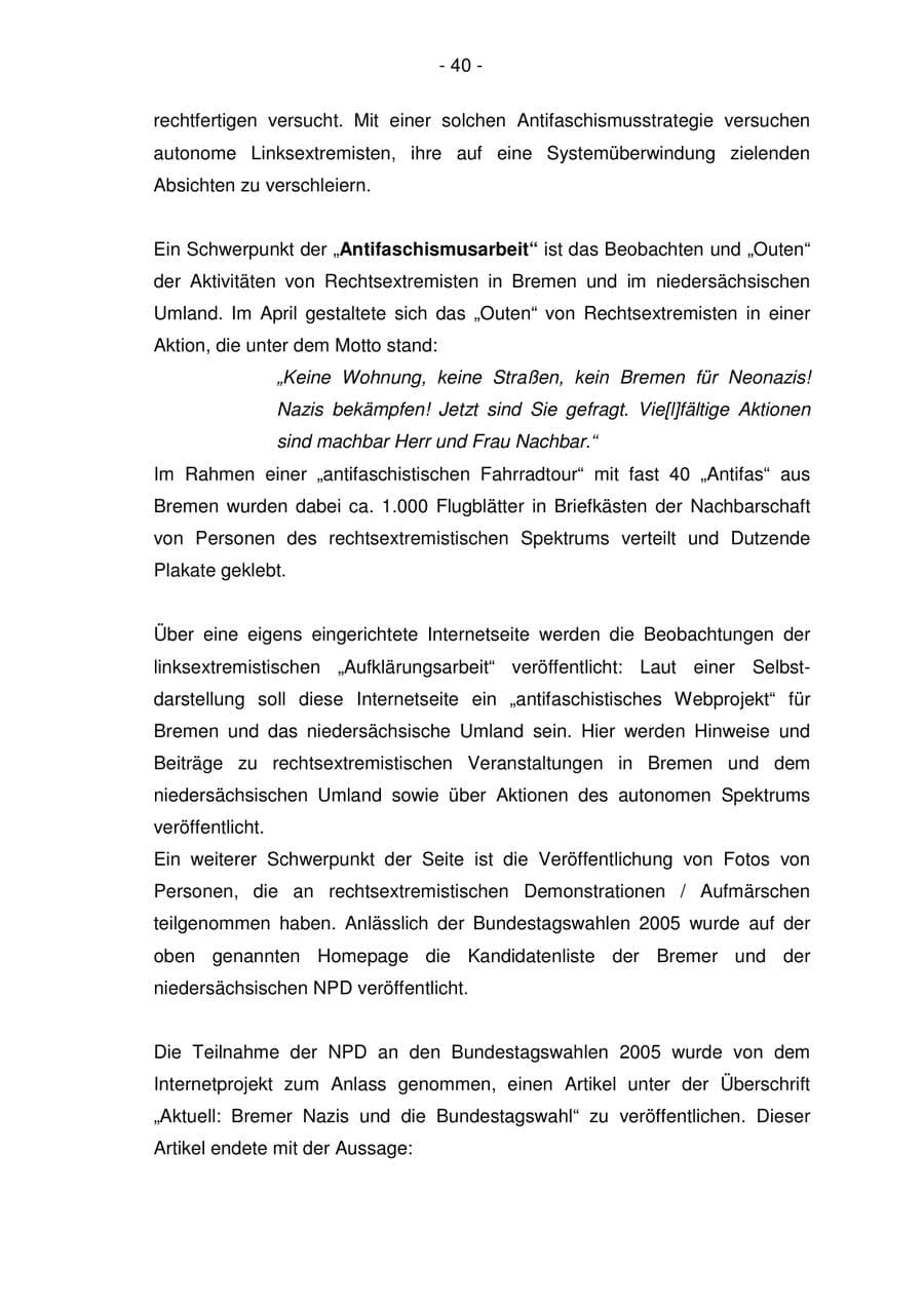 Seite 40 des Verfassungsschutzbericht 2005 Bremen