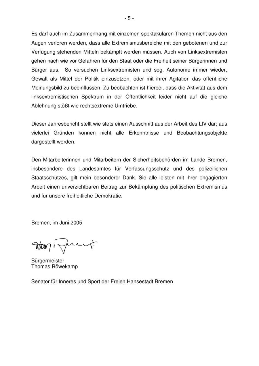 Seite 5 des Verfassungsschutzbericht 2005 Bremen