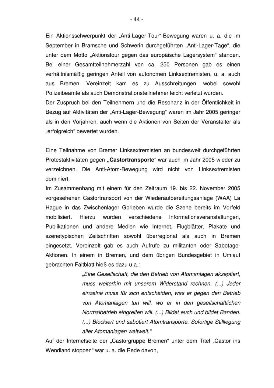 Seite 44 des Verfassungsschutzbericht 2005 Bremen