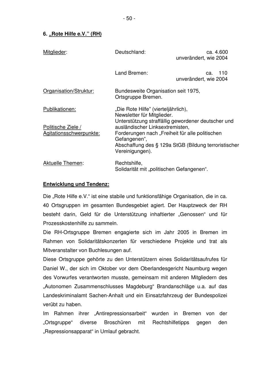 Seite 50 des Verfassungsschutzbericht 2005 Bremen