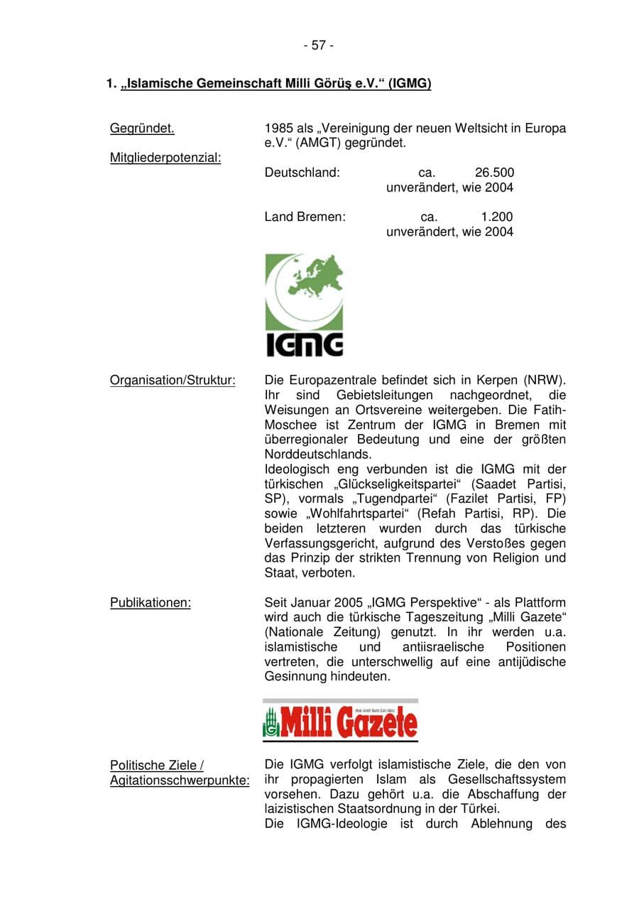 Seite 57 des Verfassungsschutzbericht 2005 Bremen