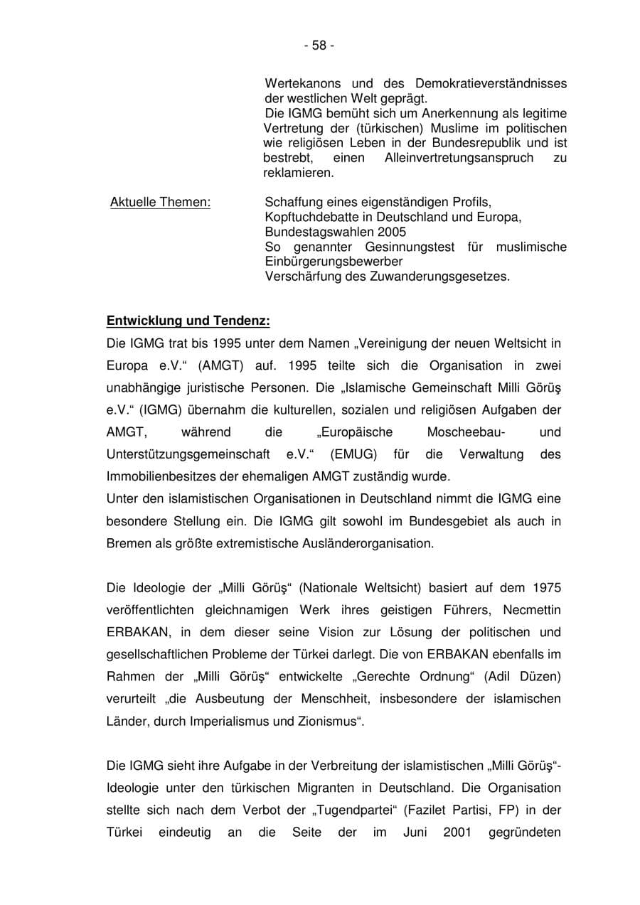 Seite 58 des Verfassungsschutzbericht 2005 Bremen