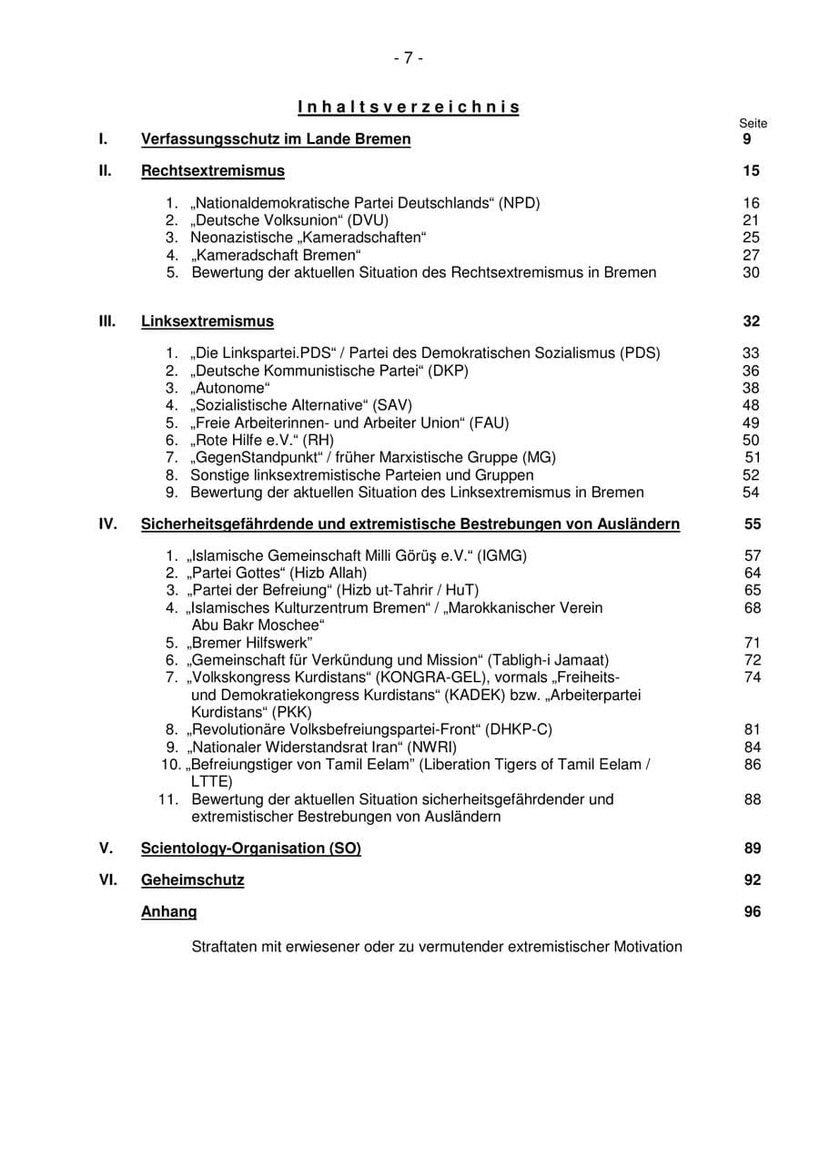 Seite 7 des Verfassungsschutzbericht 2005 Bremen