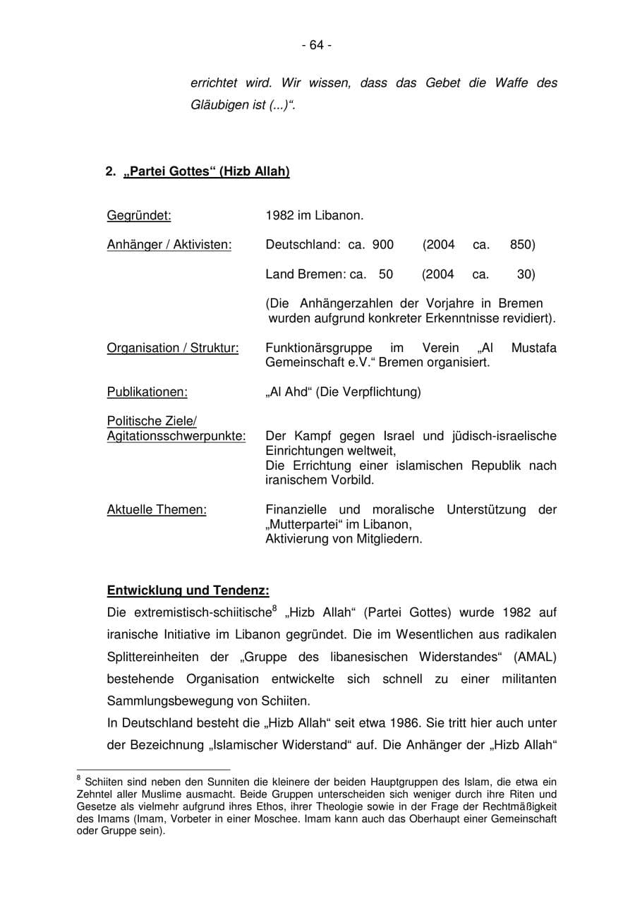 Seite 64 des Verfassungsschutzbericht 2005 Bremen