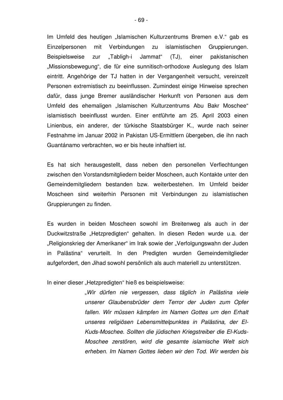 Seite 69 des Verfassungsschutzbericht 2005 Bremen