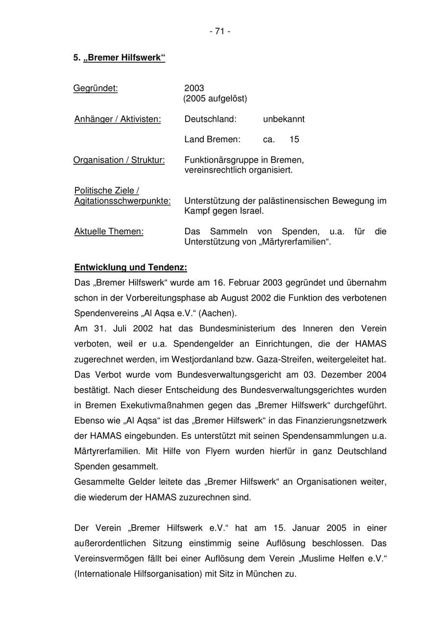 Seite 71 des Verfassungsschutzbericht 2005 Bremen
