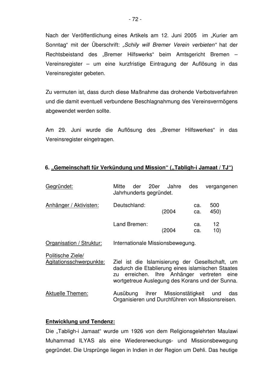 Seite 72 des Verfassungsschutzbericht 2005 Bremen
