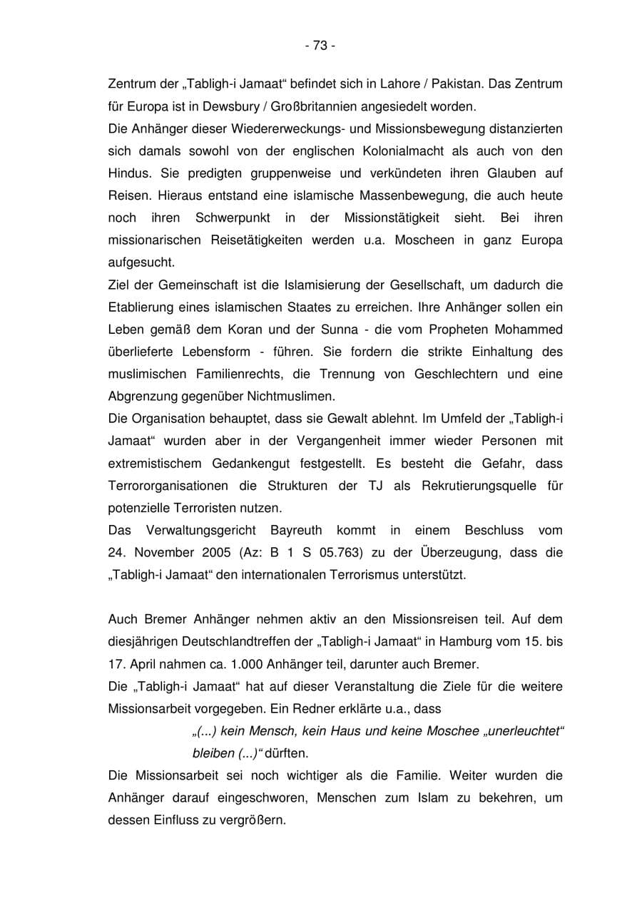 Seite 73 des Verfassungsschutzbericht 2005 Bremen