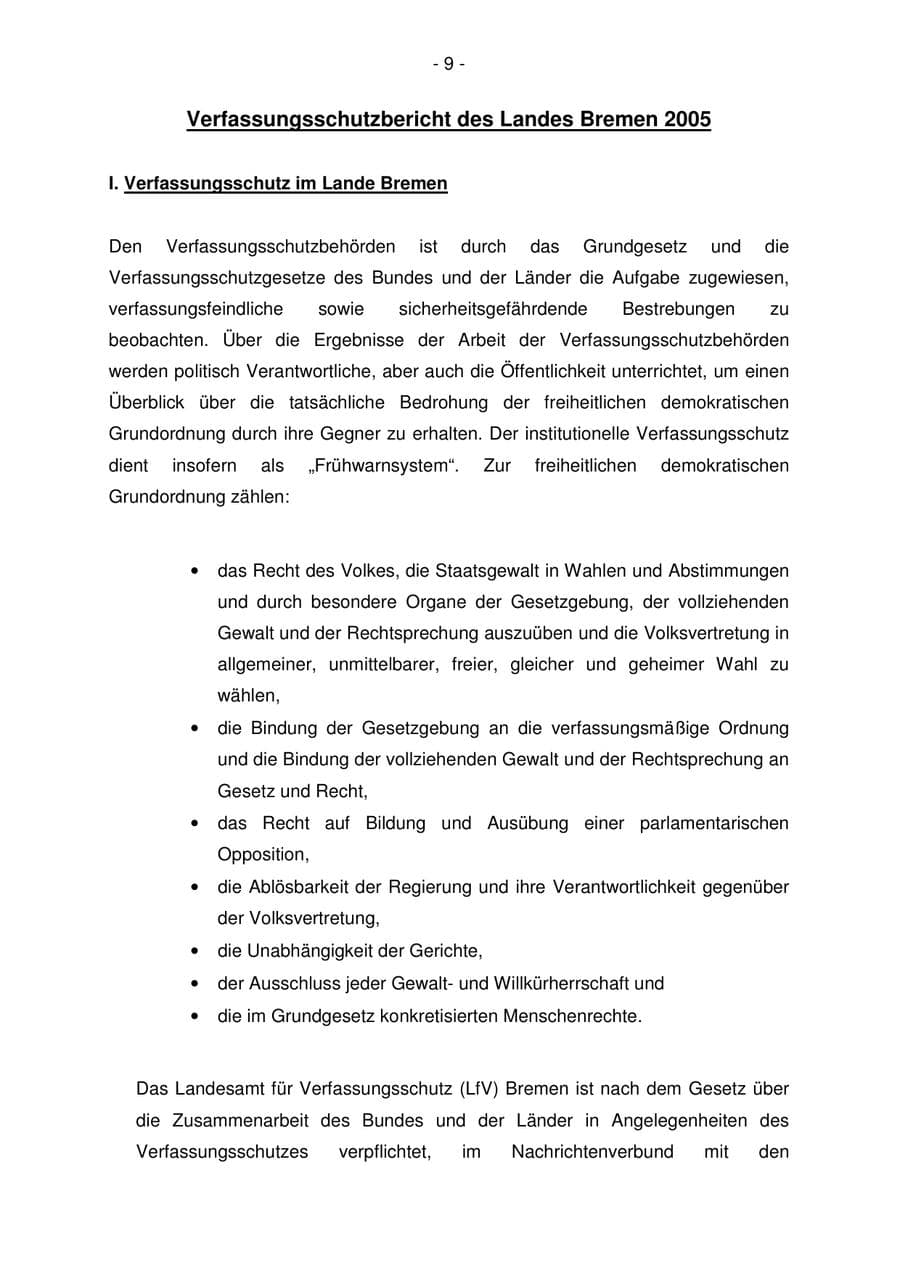 Seite 9 des Verfassungsschutzbericht 2005 Bremen