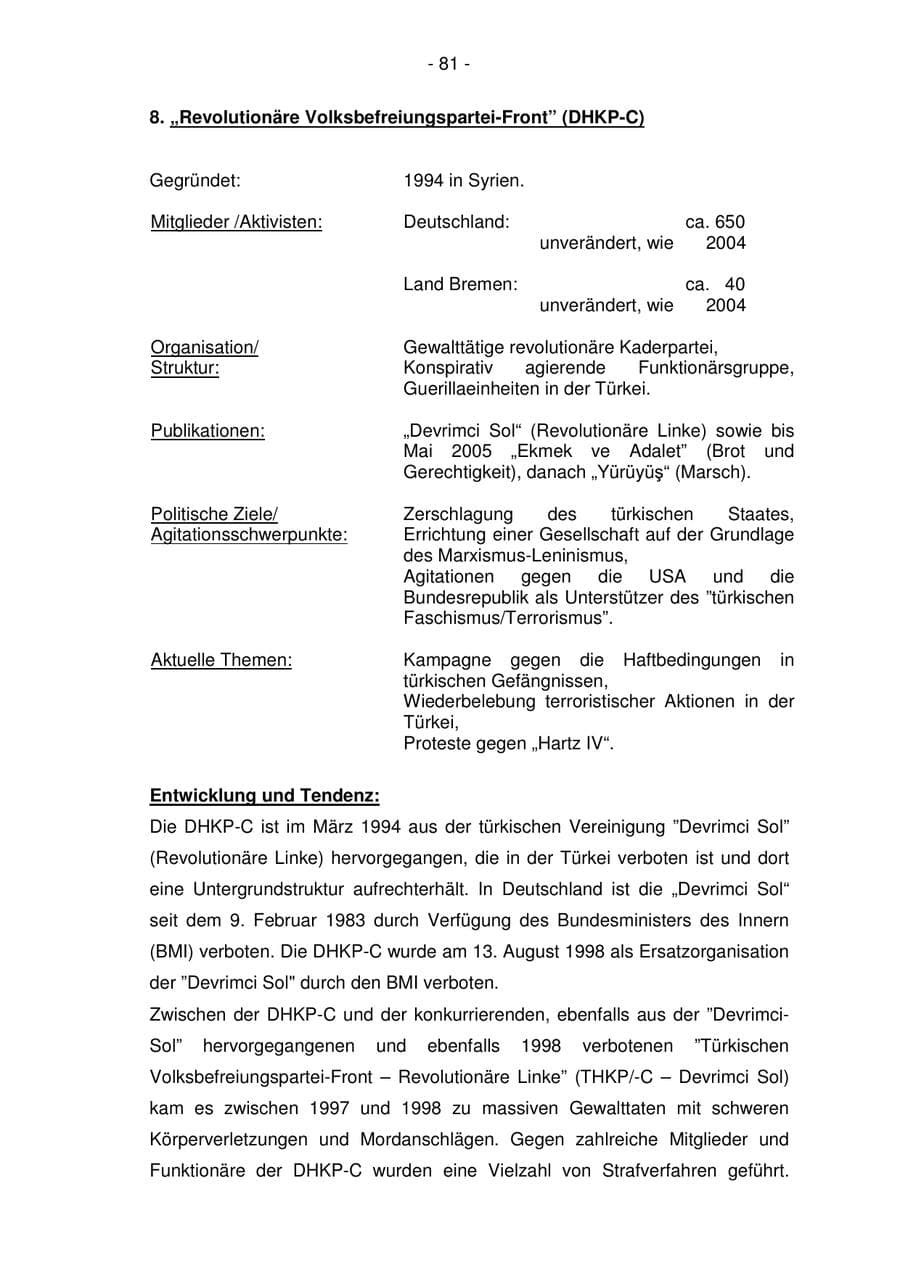 Seite 81 des Verfassungsschutzbericht 2005 Bremen
