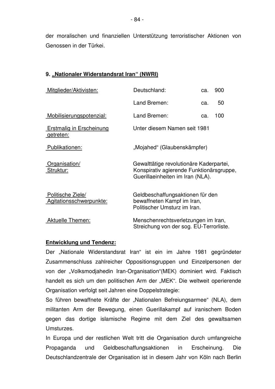 Seite 84 des Verfassungsschutzbericht 2005 Bremen
