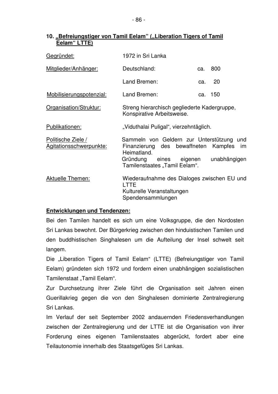 Seite 86 des Verfassungsschutzbericht 2005 Bremen