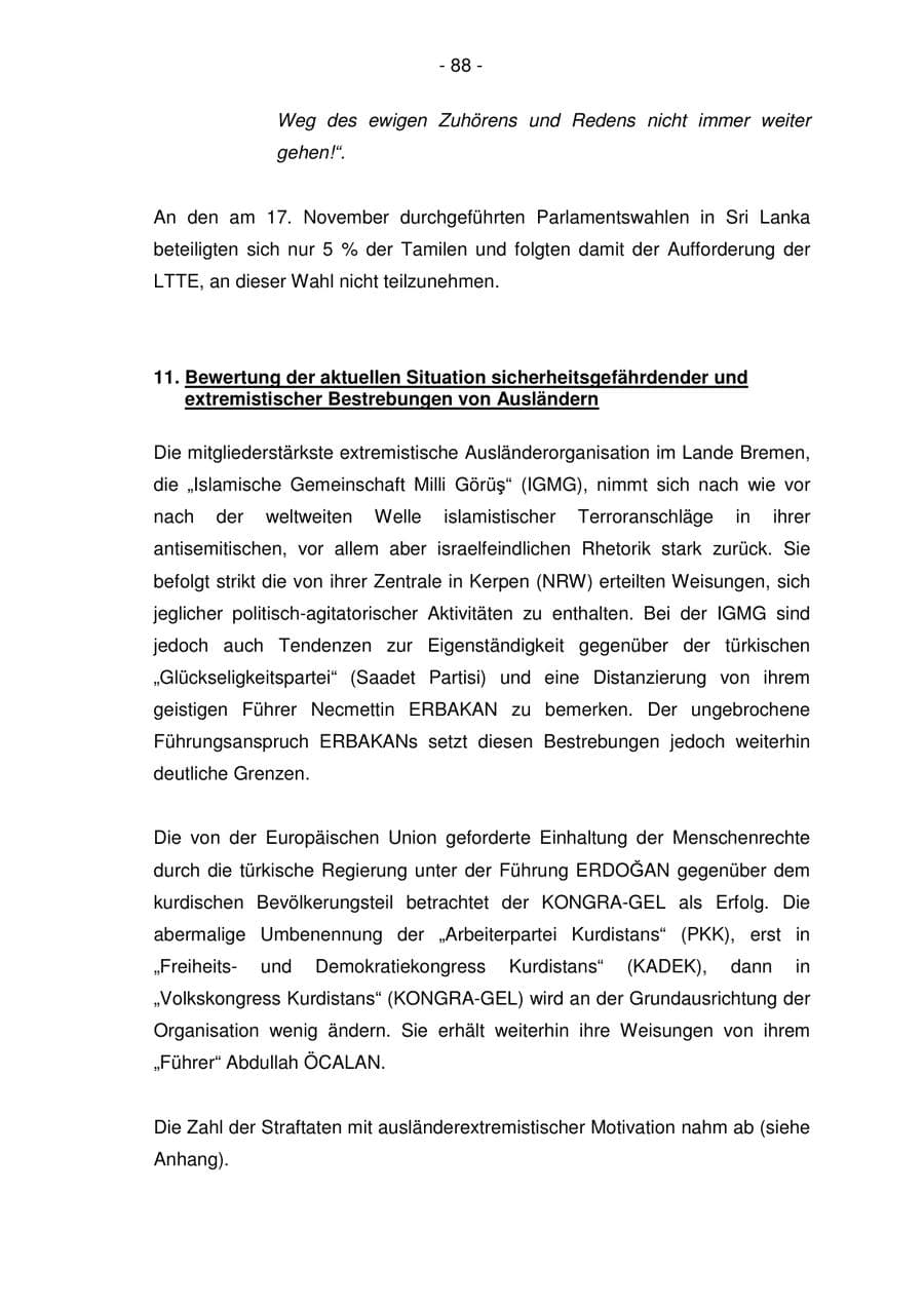 Seite 88 des Verfassungsschutzbericht 2005 Bremen