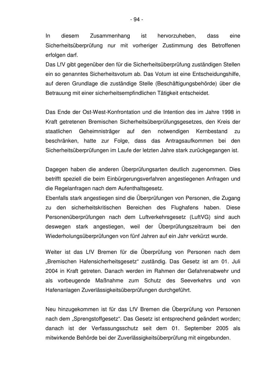 Seite 94 des Verfassungsschutzbericht 2005 Bremen
