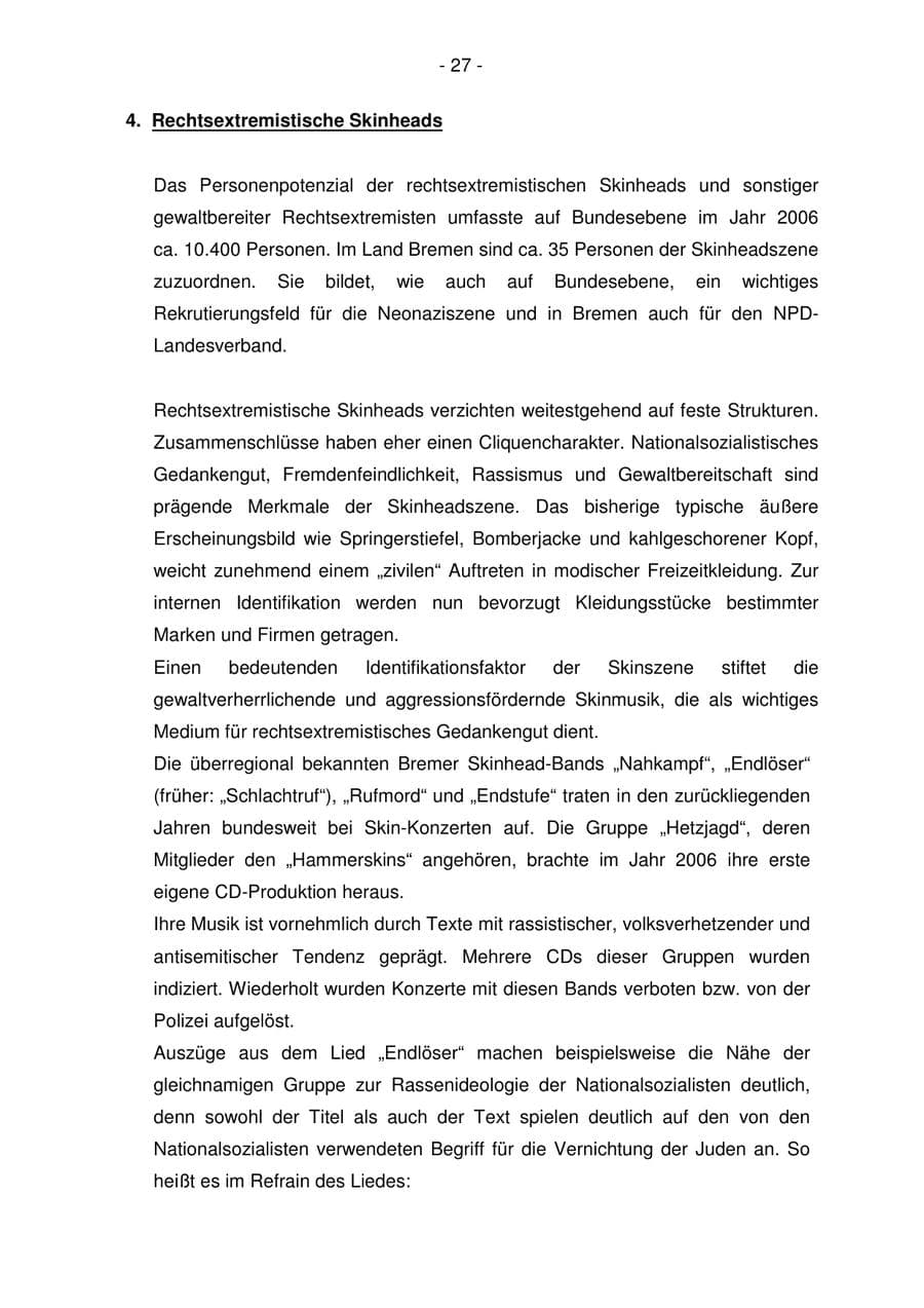 Seite 27 des Verfassungsschutzbericht 2006 Bremen