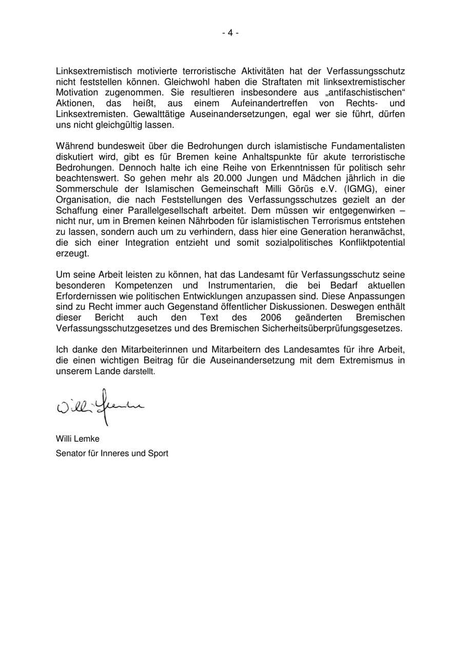 Seite 4 des Verfassungsschutzbericht 2006 Bremen
