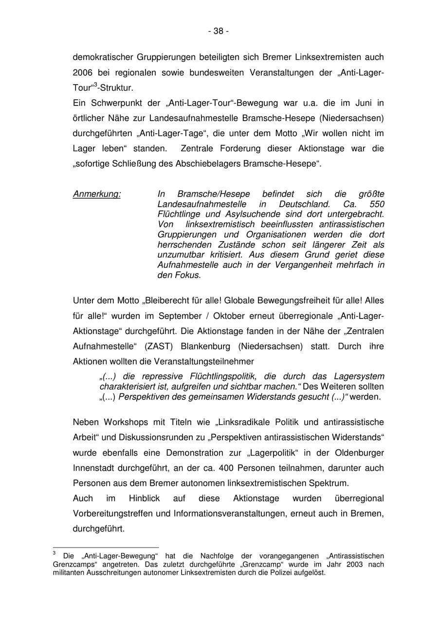 Seite 38 des Verfassungsschutzbericht 2006 Bremen