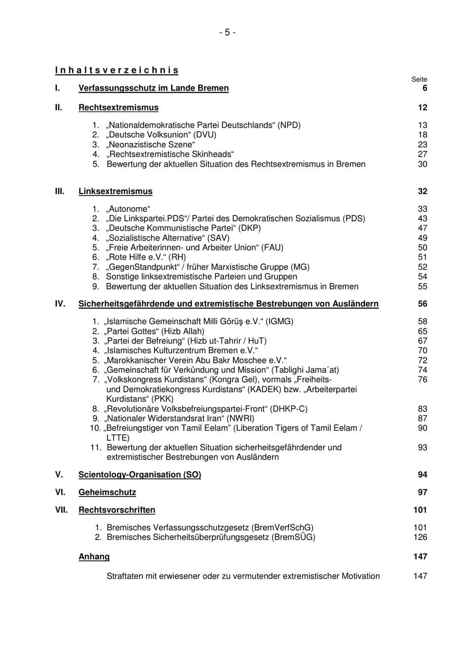 Seite 5 des Verfassungsschutzbericht 2006 Bremen