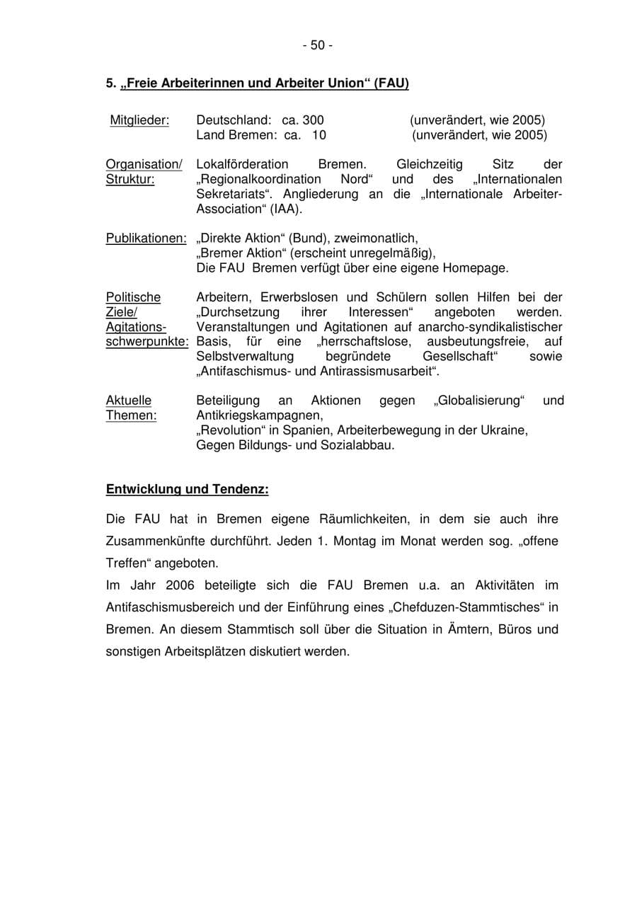 Seite 50 des Verfassungsschutzbericht 2006 Bremen