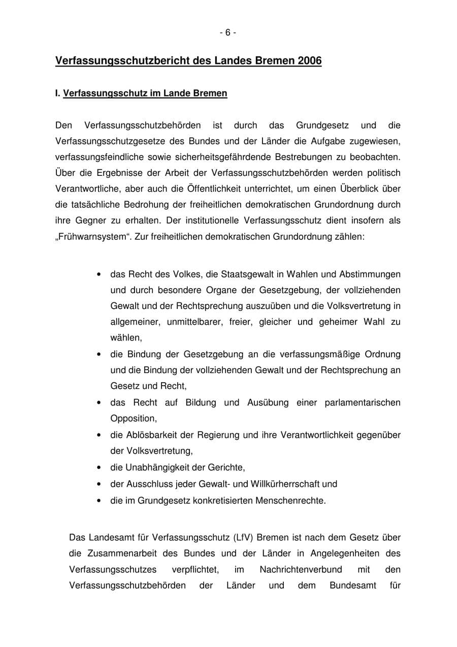 Seite 6 des Verfassungsschutzbericht 2006 Bremen