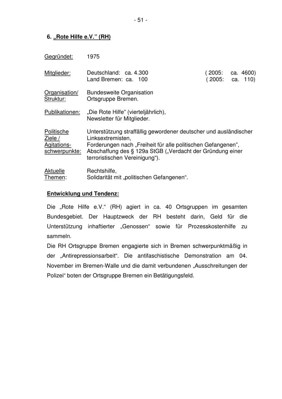 Seite 51 des Verfassungsschutzbericht 2006 Bremen