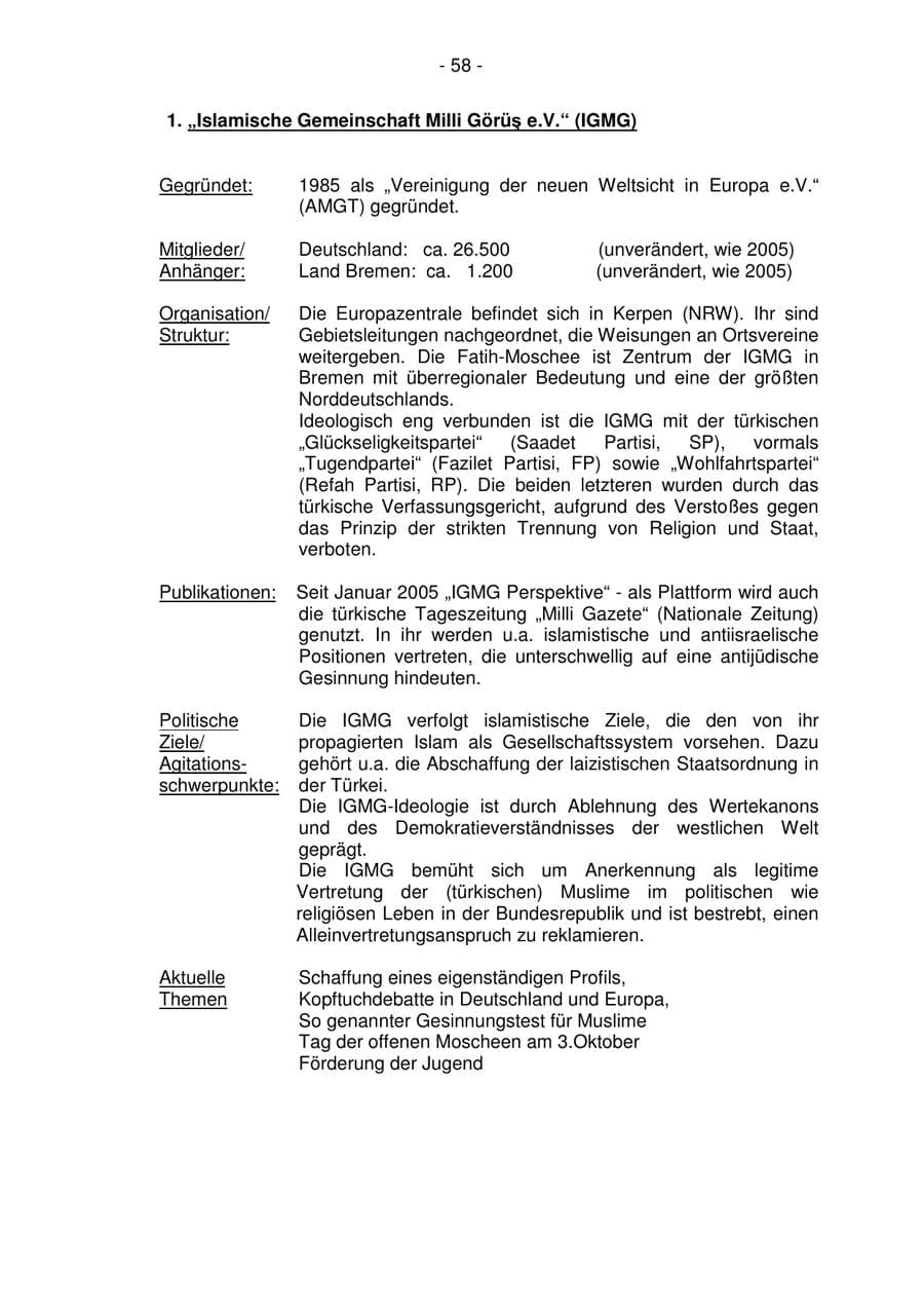 Seite 58 des Verfassungsschutzbericht 2006 Bremen