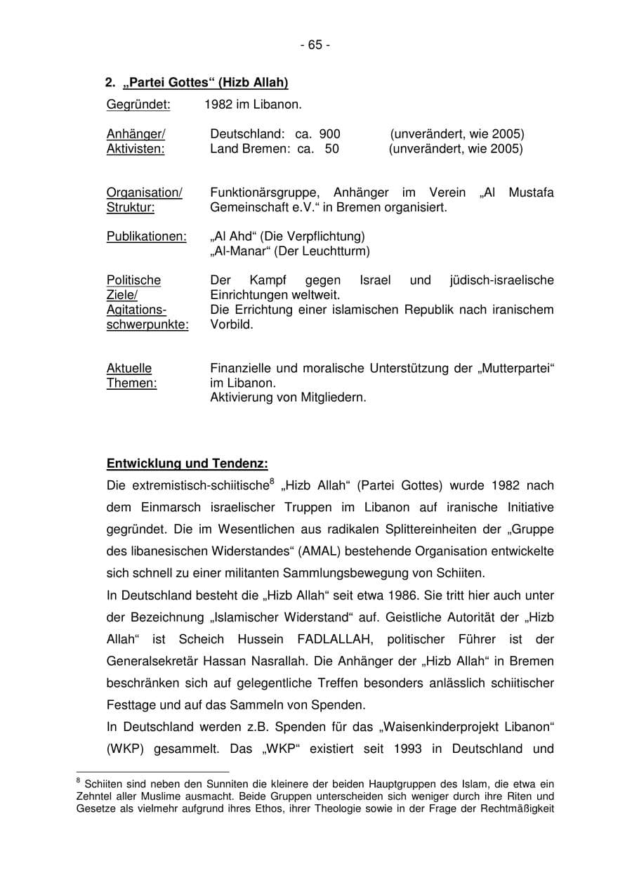 Seite 65 des Verfassungsschutzbericht 2006 Bremen