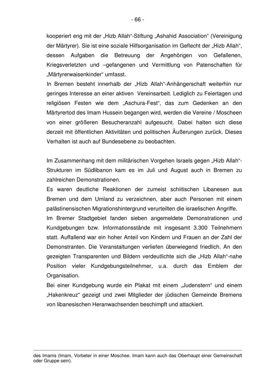 Seite 66 des Verfassungsschutzbericht 2006 Bremen