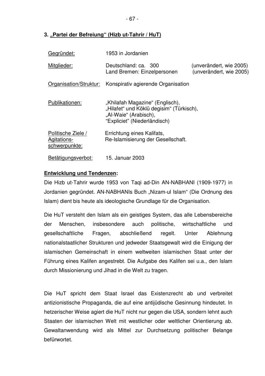 Seite 67 des Verfassungsschutzbericht 2006 Bremen