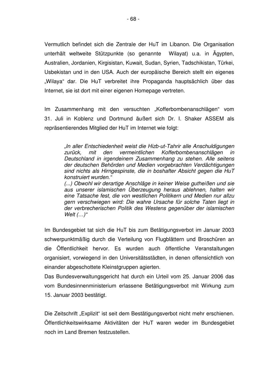 Seite 68 des Verfassungsschutzbericht 2006 Bremen