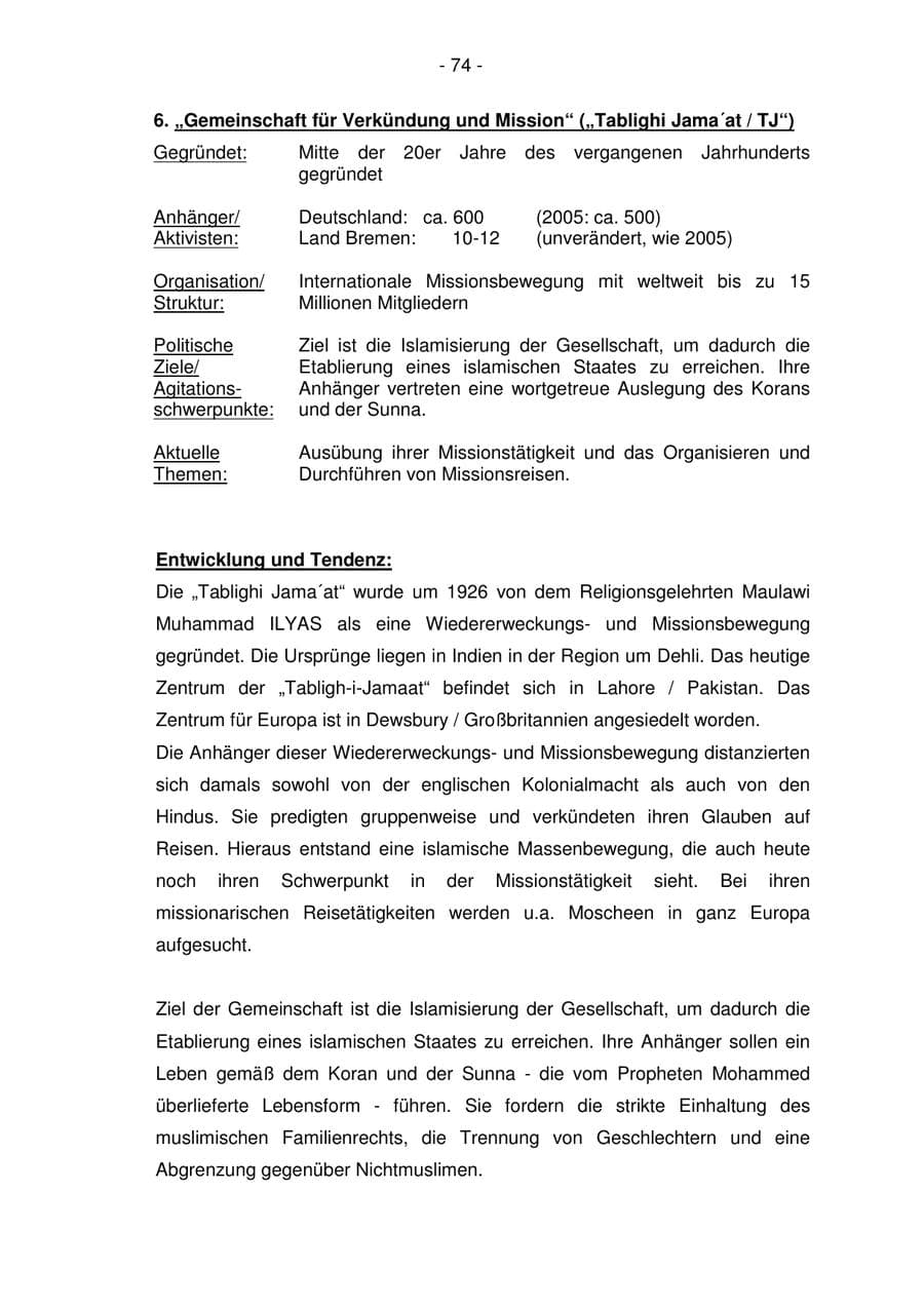 Seite 74 des Verfassungsschutzbericht 2006 Bremen