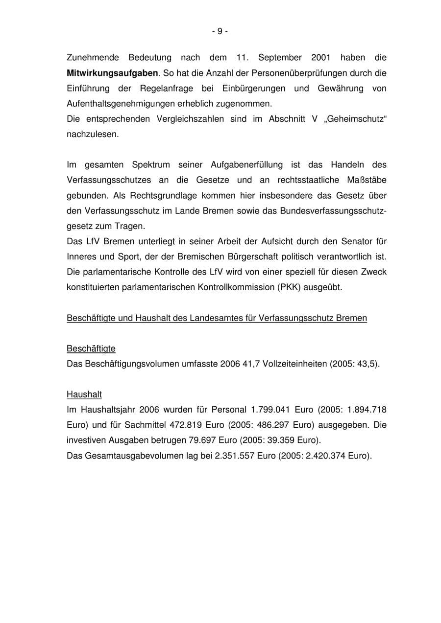 Seite 9 des Verfassungsschutzbericht 2006 Bremen