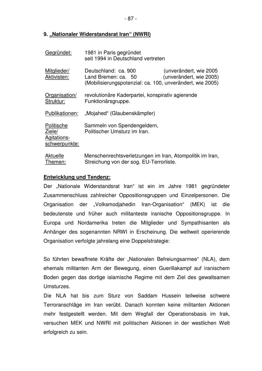 Seite 87 des Verfassungsschutzbericht 2006 Bremen