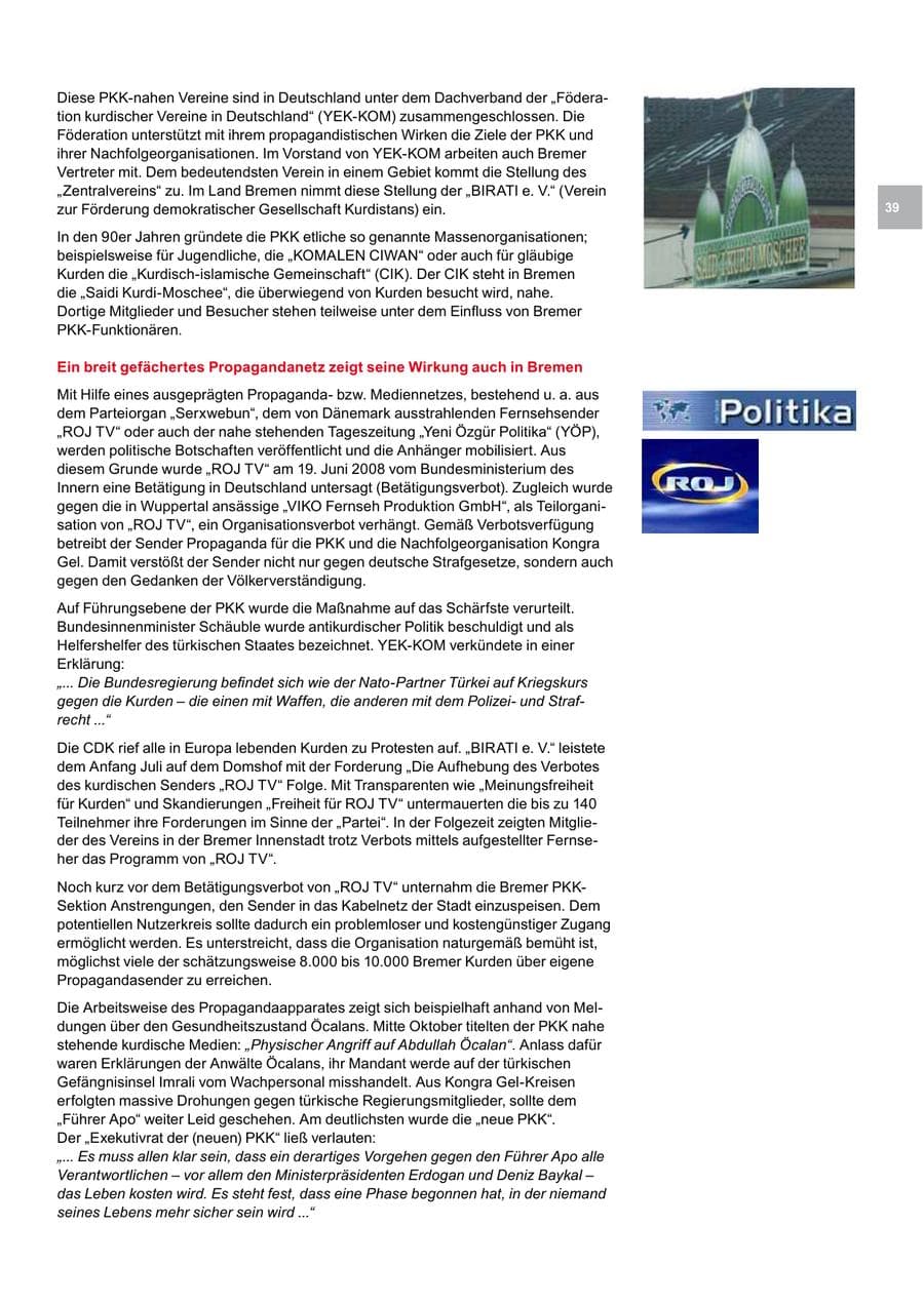 Seite 39 des Verfassungsschutzbericht 2008 Bremen