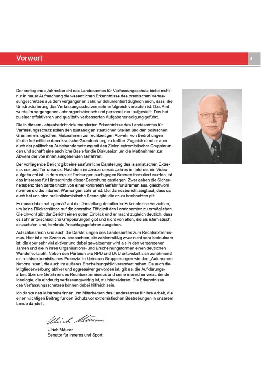 Seite 5 des Verfassungsschutzbericht 2008 Bremen
