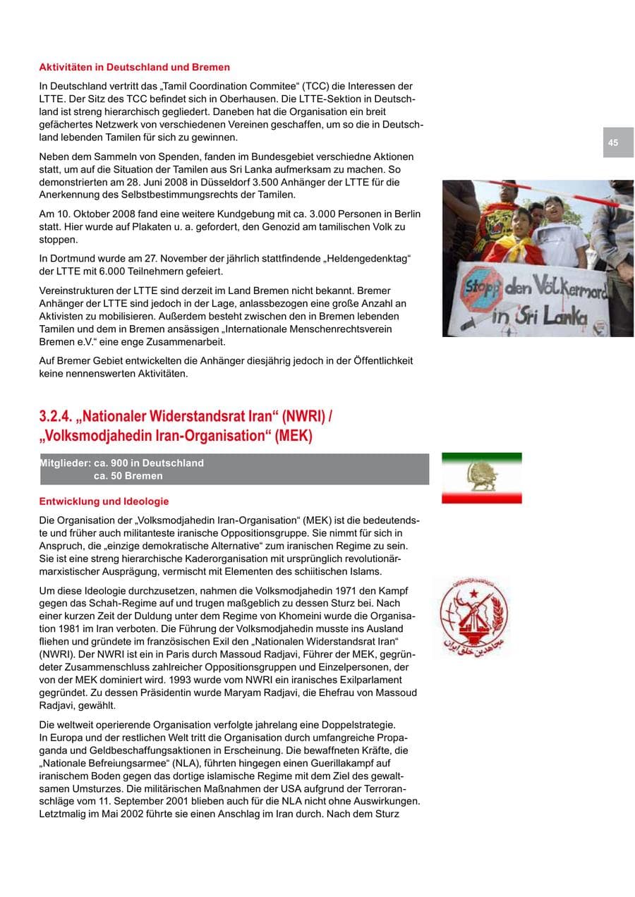 Seite 45 des Verfassungsschutzbericht 2008 Bremen