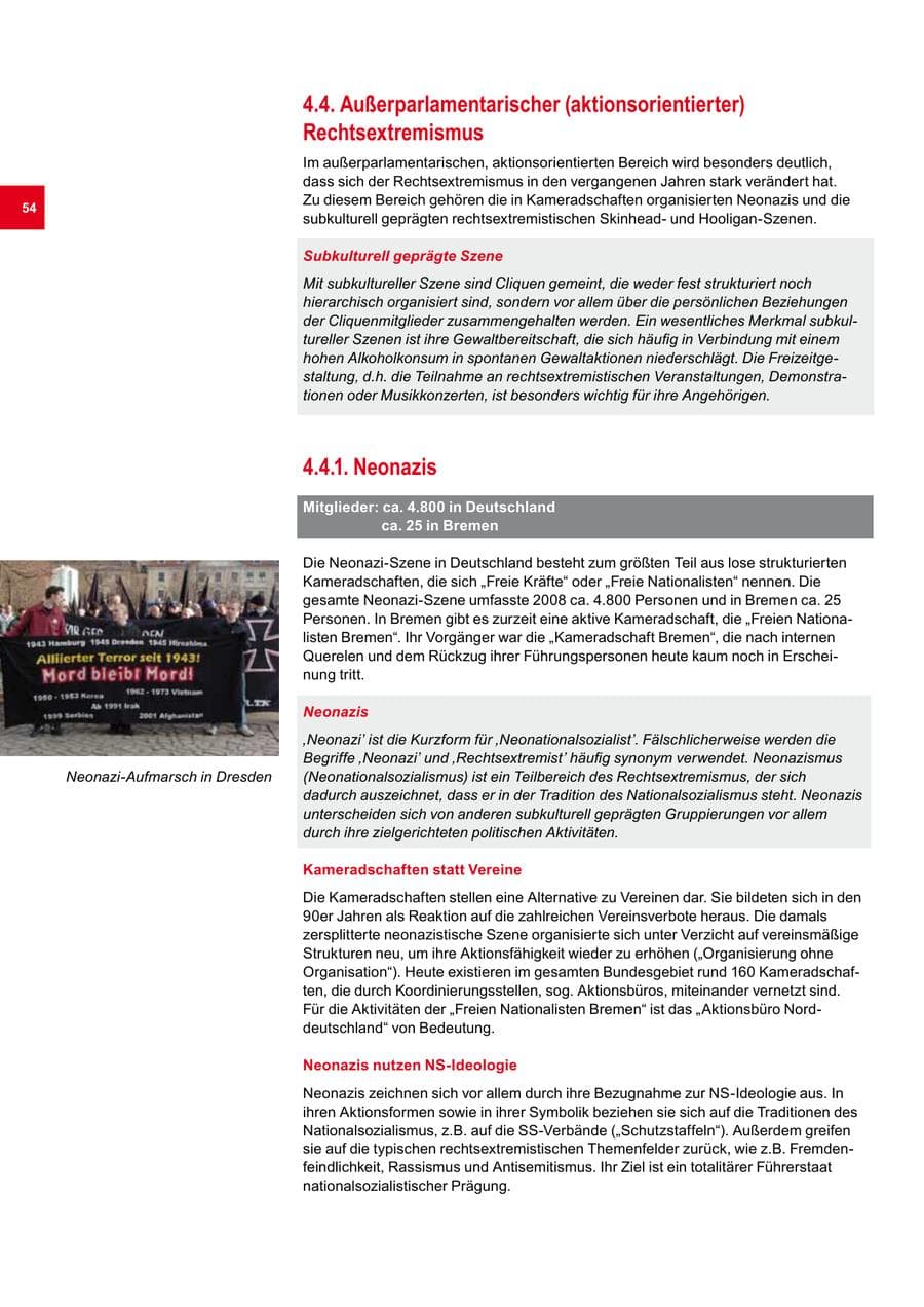 Seite 54 des Verfassungsschutzbericht 2008 Bremen