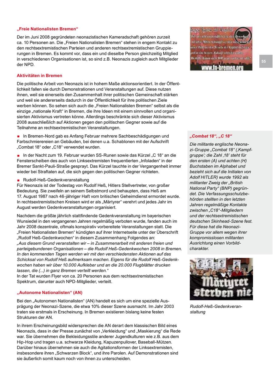 Seite 55 des Verfassungsschutzbericht 2008 Bremen