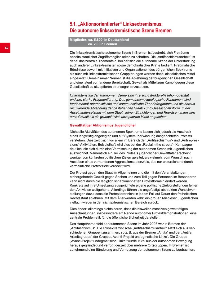 Seite 62 des Verfassungsschutzbericht 2008 Bremen