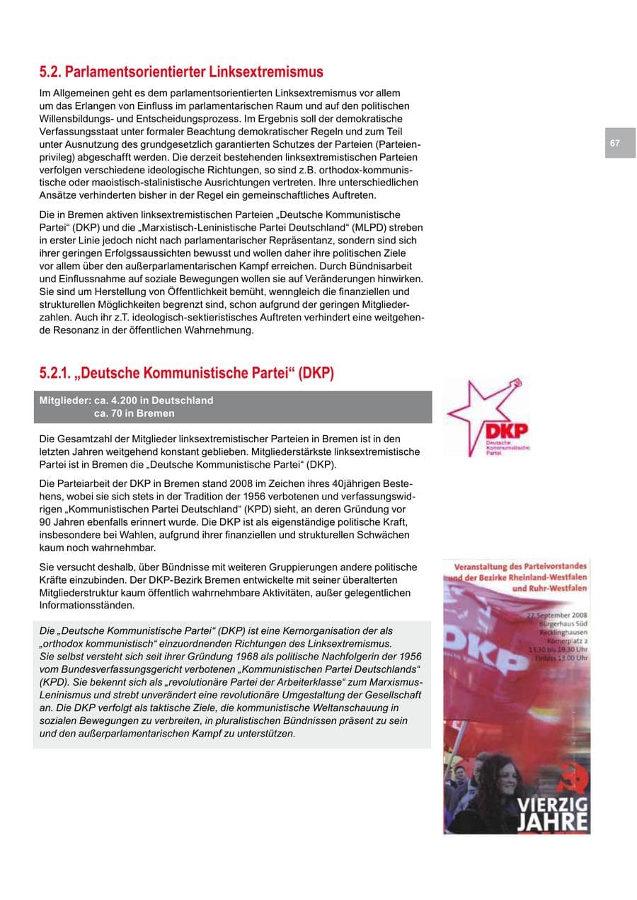 Seite 67 des Verfassungsschutzbericht 2008 Bremen