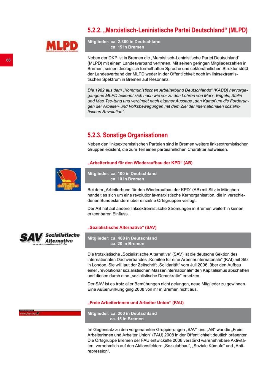 Seite 68 des Verfassungsschutzbericht 2008 Bremen
