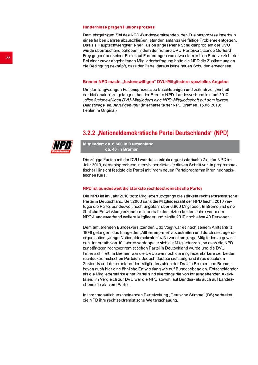 Seite 22 des Verfassungsschutzbericht 2010 Bremen