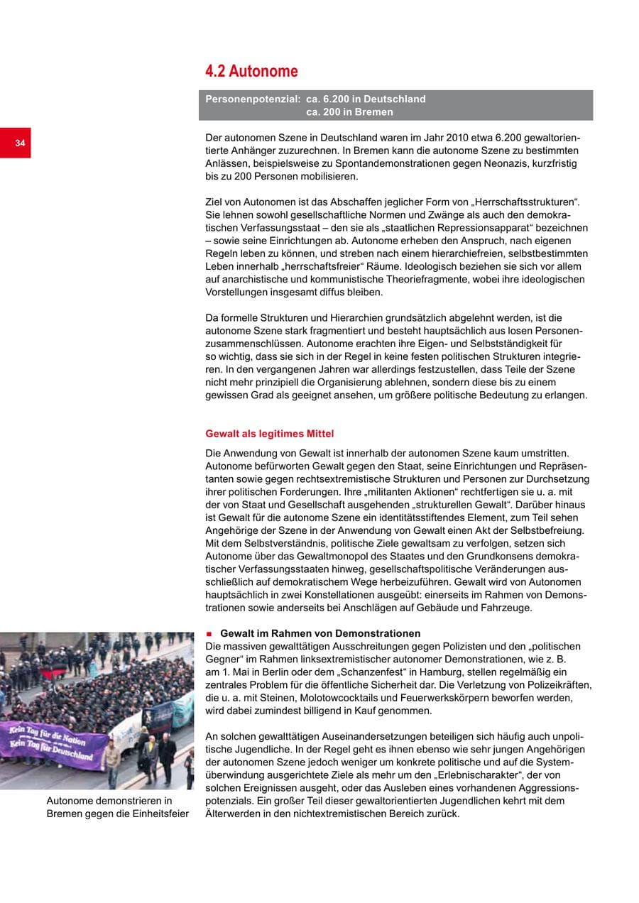 Seite 34 des Verfassungsschutzbericht 2010 Bremen