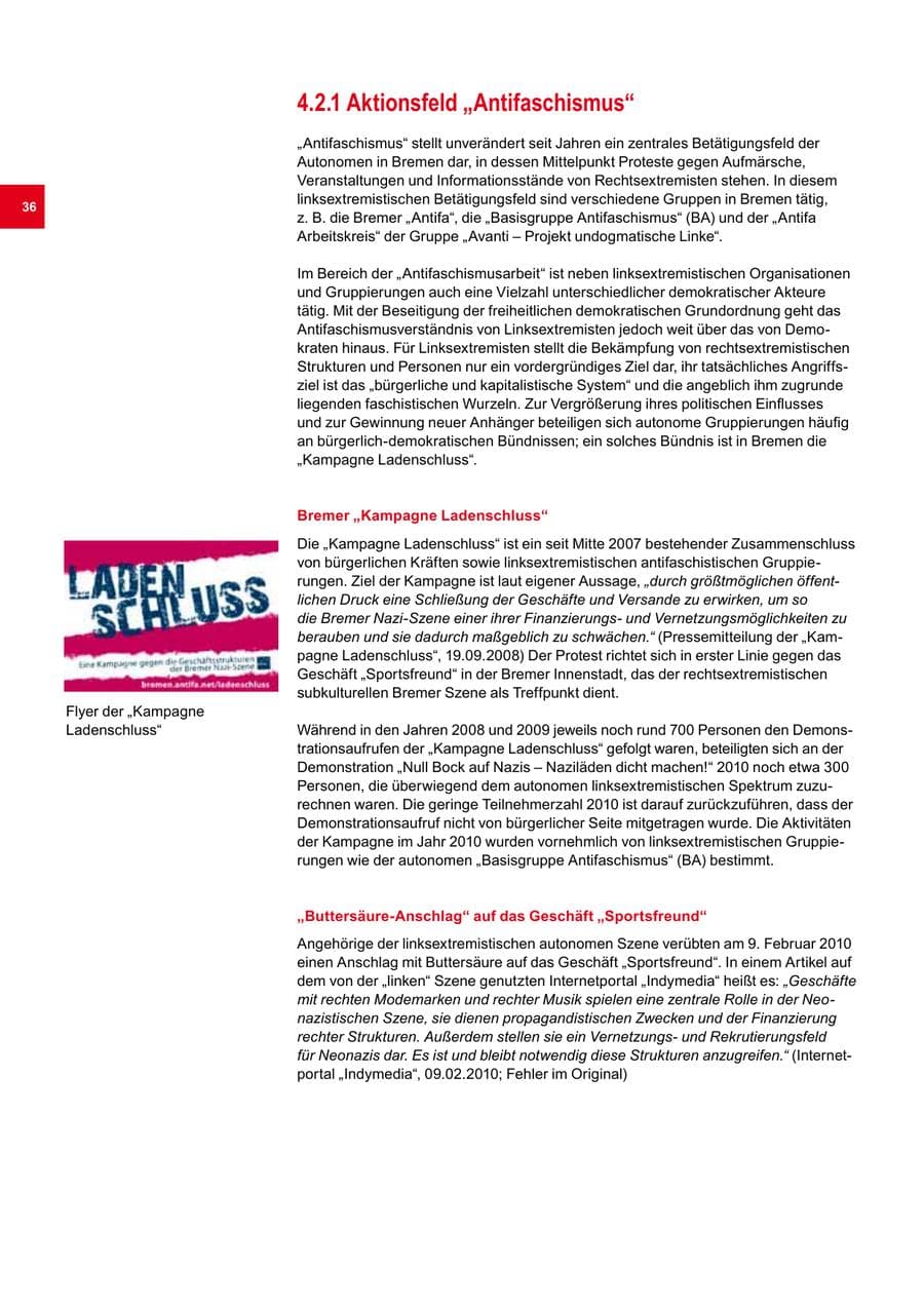 Seite 36 des Verfassungsschutzbericht 2010 Bremen